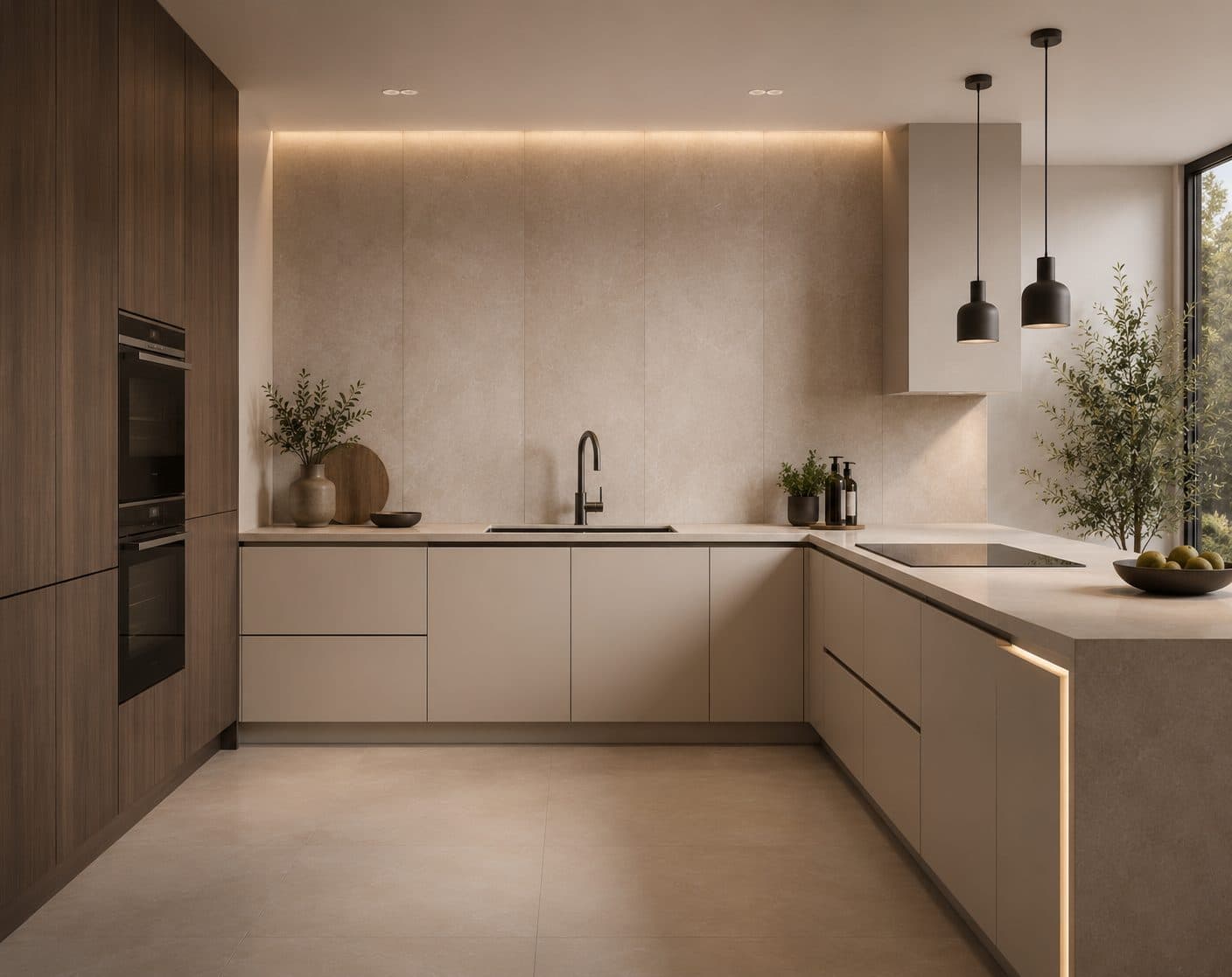 Warm neutral tile palette in a contemporary kitchen