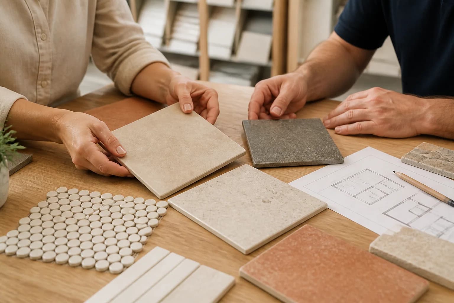 Homeowner comparing tile samples with a local tile specialist