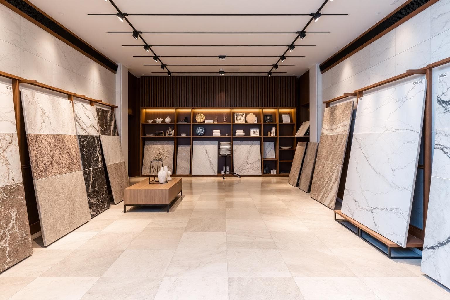 Tile display boards in a showroom setting